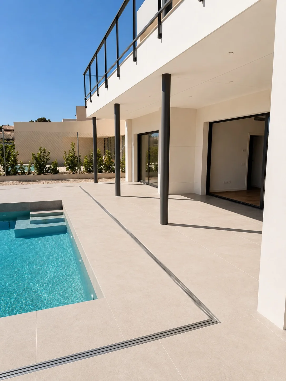 Terraza de gres junto a la piscina bajo el voladizo
